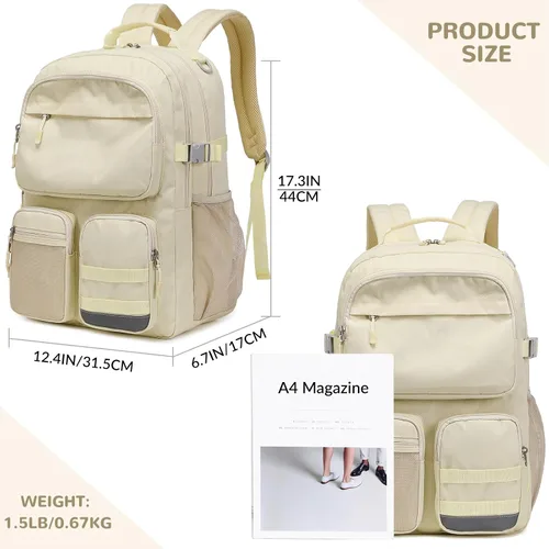 Miniatura 2 de Mochila para adolescentes, niñas, niños, resistente al agua con bolsillo para laptop de 15.6 pulgadas para viajes, escuela, universidad, Beige