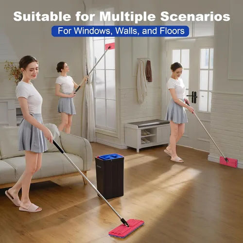 Miniatura 7 de JOYMOOP Juego de trapeador y cubeta con escurridor, trapeador plano sin manos y cubeta, con 4 almohadillas lavables de microfibra, uso húmedo y Negro