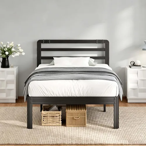 ZIYOO 18 Inch Twin Metal Platform Bed Frame with Headboard, 1000 LBS Sturdy Steel Slat Bed Base, Noise Resistant, No Box Spring Needed, Easy