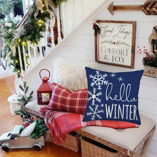 Miniatura 2 de Hello Winter - Funda de almohada de 16 x 16 pulgadas, diseño de copo de nieve azul y blanco, decoración de Navidad, decoración de casa de campo