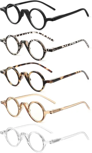 JM Paquete de 5 lentes de lectura redondos para mujeres y hombres, vintage, con bloqueo de luz azul, pequeños lectores de computadora con bisagras