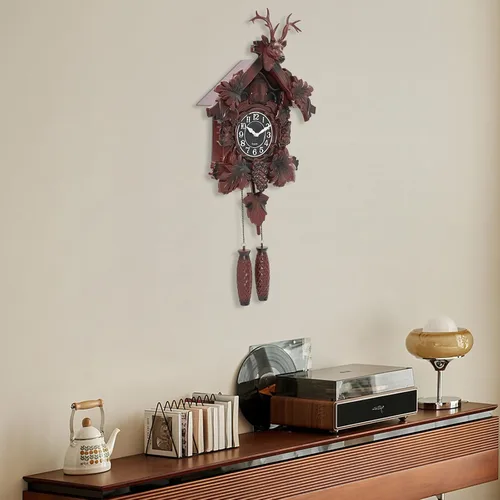 Miniatura 2 de TFCFL Reloj de pared de cuernos, movimiento de cuarzo silencioso, funciona con pilas, reloj de pared con péndulo y carillón de pájaro de cuco