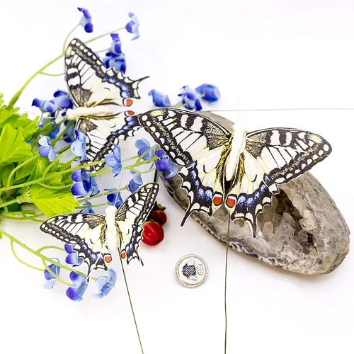 Miniatura 4 de Juego de 12 decoraciones de mariposa de plumas y mariposas multicolores, mariposas papilio machaon en alambre. Decoración del hogar de primavera