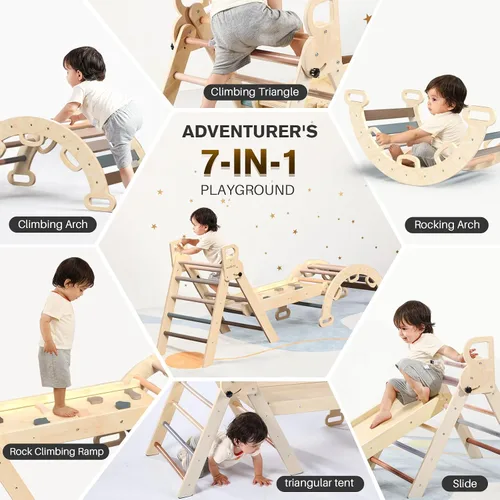 Miniatura 4 de BlueWood Pikler - Juego de triángulos 7 en 1 plegables, juguetes de escalada Montessori de madera con arco y rampa y escalera, escalador para bebés