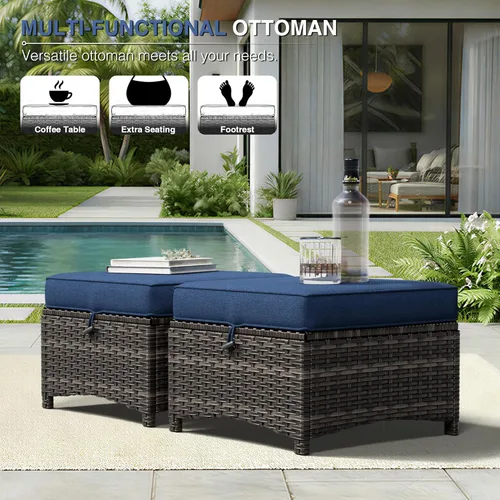 Miniatura 5 de Joyside Juego de 2 otomanas para exteriores, reposapiés otomano grande para patio con cojines gruesos, taburete de mimbre para exteriores para Azul