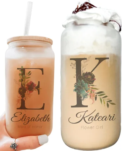 Juego de vasos de cristal personalizados con pajita, regalo de Navidad, diseño personalizado con tu nombre y título, regalo de dama de honor
