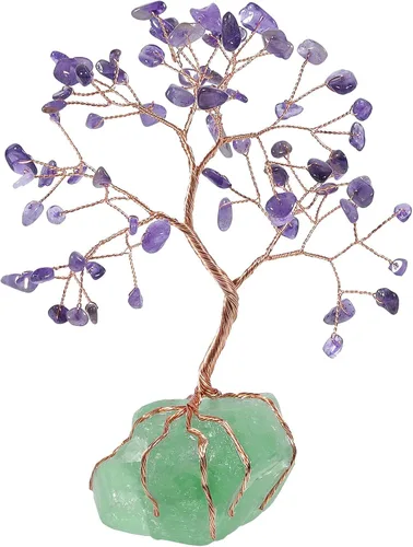 mookaitedecor Árbol de cristal de amatista natural con cristales crudos con base de fluorita, árbol de dinero, figura de Feng Shui, adorno para