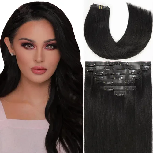Miniatura 77 de Lacer Hair Glam - Extensiones de cabello humano con clip, sin costuras, color negro hueso, 4.33 oz, 7 unidades, 20 pulgadas, con clip de trama