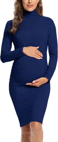 Vestido de maternidad de manga larga con cuello alto, vestido de embarazo ajustado a media pierna para uso casual, sesión de fotos, baby shower