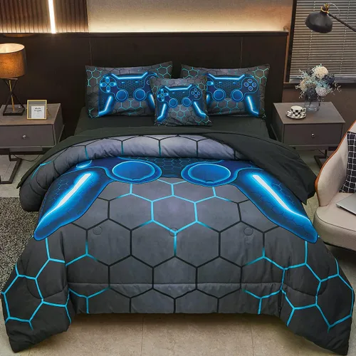 Juego de edredón azul de consola de juegos con sábanas, 6 piezas de cama en una bolsa, geométrica, ligera, para niños, tamaño matrimonial, para