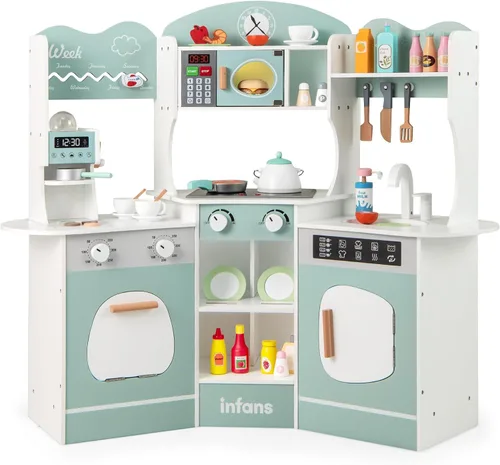 INFANS Juego de cocina esquinera para niños, juego de cocina de madera para niños pequeños con luces, sonidos, máquina de café, lavadora, gabinete