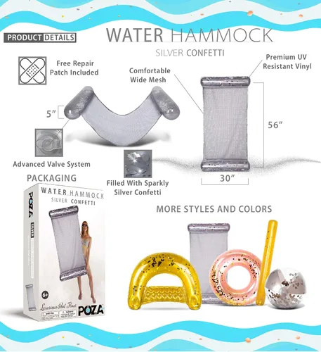 Miniatura 2 de POZA Hamaca inflable de agua – Lujosa tumbona flotante de piscina rellena de confeti, silla de ejercicio 4 en 1, silla de descanso, hamaca y plateado