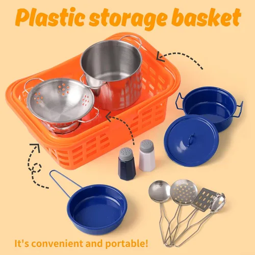 Miniatura 4 de Juego de accesorios de juguete de cocina para niños pequeños, juego de cocina para niñas y niños, incluye ollas y sartenes coloridas (azul)