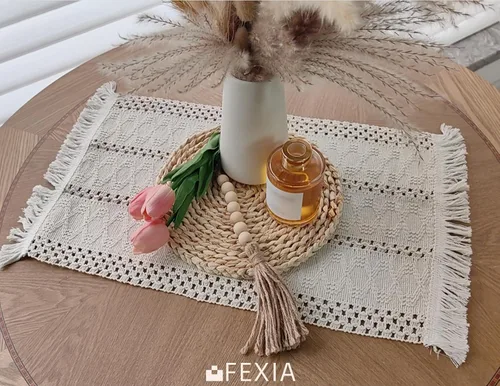 Miniatura 4 de FEXIA Juego de 4 manteles individuales bohemios, decoración de mesa de macramé y manteles individuales estilo granja, de arpillera de algodón Crema