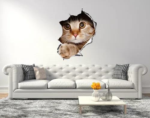 Miniatura 2 de Calcomanía de pared de gatito y gato, arte de pared para amantes de los gatos, mural de pared 3D destrozado, calcomanía de pared para decoración