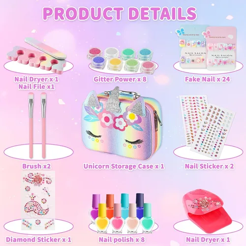 Miniatura 3 de Juego de esmaltes de uñas para niñas, kit de salón de esmalte de uñas de secado rápido, esmalte de uñas despegable, juguetes de regalo ideal