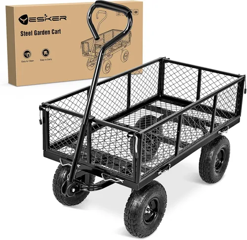 Yesker Carros de Jardín de Acero – Vagón Volquete de 800 libras con Ruedas Inflables Todo Terreno para Patio, Césped, Granjas, Jardinería -