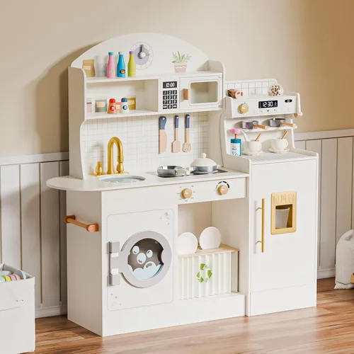JOYMOR Juego de cocina de madera con máquina de café, muchos accesorios de cocina de simulación, diseño de cocina para niños, mejor regalo para