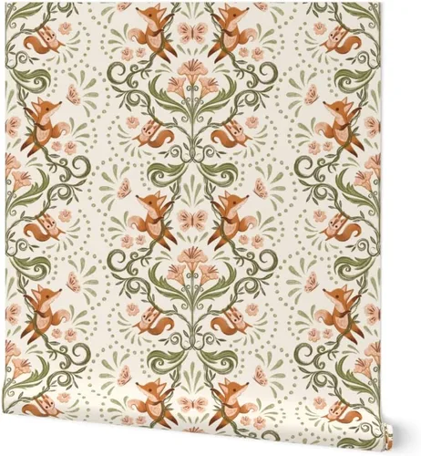 Spoonflower Muestro de papel tapiz extraíble – Caprichoso Zorro Naranja Ardilla Botánica Naturaleza Jardín Crema Verde Rosa Dulce Lindo Papel