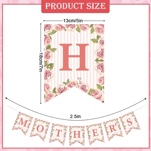 Miniatura 2 de Whaline Juego de 3 pancartas para el Día de la Madre, con texto en inglés «Happy Mother's Day» con cola de pez, guirnalda floral rosa premontada
