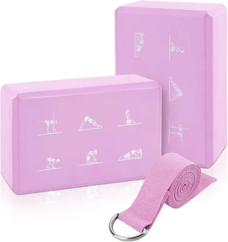 Miniatura 9 de Juego de 2 bloques de yoga y 2 correas de yoga, bloques de espuma EVA antideslizantes, ladrillos de yoga de alta densidad con correa de 6 pies, Rosa