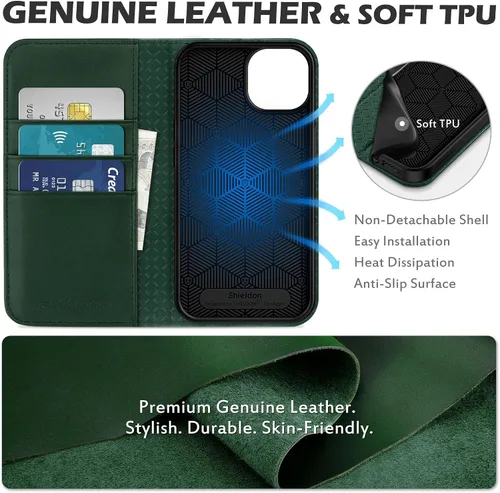 Miniatura 3 de SHIELDON Funda para iPhone 13, funda plegable de piel auténtica con función atril con bloqueo RFID, ranuras para tarjetas, funda magnética a prueba