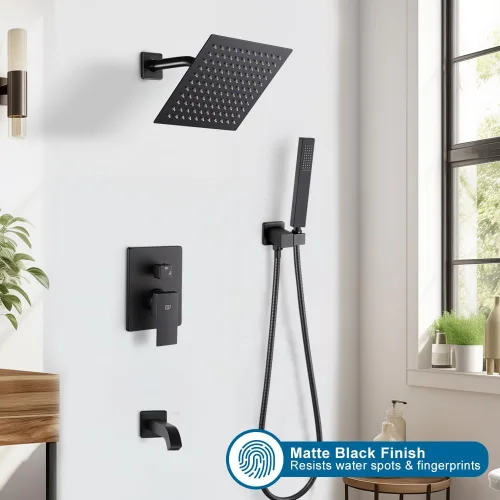 Miniatura 2 de Juego de llave de ducha en negro mate con caño de bañera, sistema de cabezal de ducha de lluvia de 8 pulgadas para baño con llave de mano de una