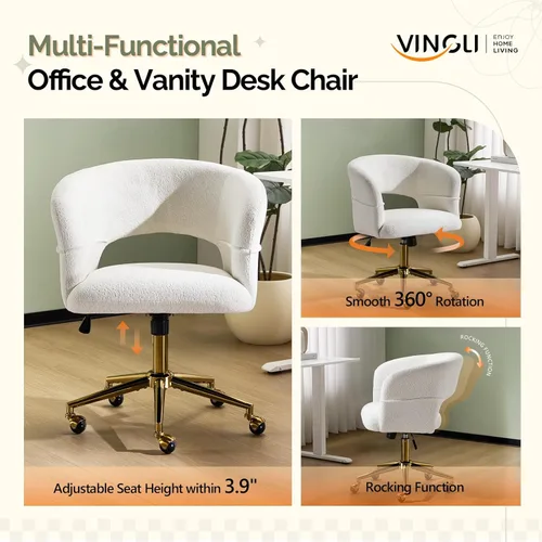 Miniatura 5 de VINGLI Silla Moderna Curvada de Oficina y Tocador, Bonita Silla Tapizada con Tachuelas con Ruedas y Giro de 360° y Inclinación y Base Dorada
