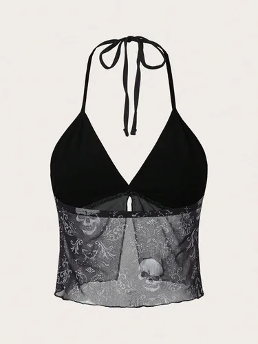 Miniatura 2 de Cozyease Camiseta sin mangas Y2K de malla con cuello halter y dobladillo dividido para mujer