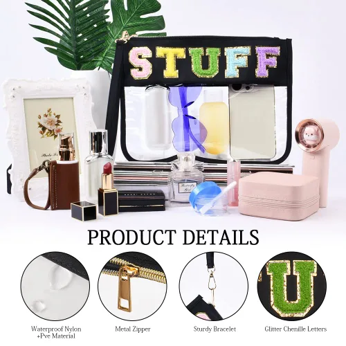 Miniatura 5 de Bolsa transparente con letras de chenilla, bolsa transparente con cremallera para viajes, bolsa de cosméticos transparente de PVC, bolsa portátil