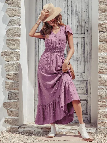 Miniatura 3 de PRETTYGARDEN - Vestido bohemio de manga corta con cuello en V y plumetí con volantes, vestido maxi fruncido de cóctel