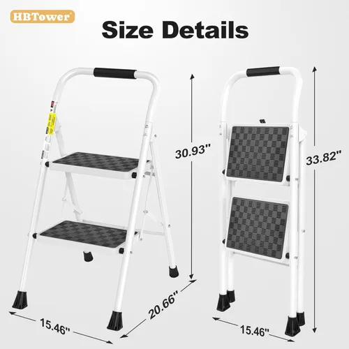 Miniatura 7 de HBTower Escalera de 2 escalones, Taburete de 2 escalones para adultos. Taburete plegable con mango acolchado con escalón ancho antideslizante