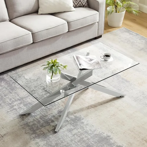 Miniatura 7 de Mesa de centro rectangular moderna, tapa de vidrio templado y pata tubular de metal, 47.3 pulgadas de largo x 23.6 pulgadas de ancho x 18.1 pulgadas
