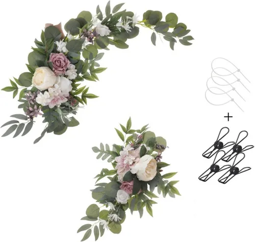 Miniatura 5 de Botín de flores artificiales rojas (juego de 2) para letrero de bienvenida, arco de boda, decoración floral, decoración de boda, ceremonia, Borgoña
