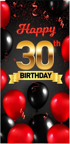 Miniatura 14 de Cartel de feliz cumpleaños 15 cumpleaños rojo y negro telón de fondo para cabina de fotos, globos de vítores a 15 años de edad, decoración temática