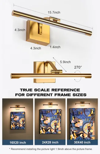 Miniatura 5 de Luz de imagen para pared de 15.7 pulgadas, iluminación artística cableada para pinturas, latón dorado, 2800 K, luz de galería regulable con tubo