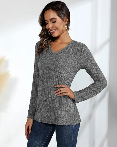 Miniatura 2 de Ficerd Paquete de 2 suéteres de manga larga con cuello en V para mujer, ligeros, color sólido, estilo casual