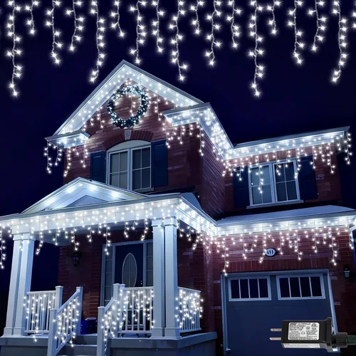 Miniatura 10 de QITONG - Tira de luces de carámbanos rojas y blancas para exteriores, 33 pies con 400 LED, 8 modos, alambre transparente, luces de Navidad