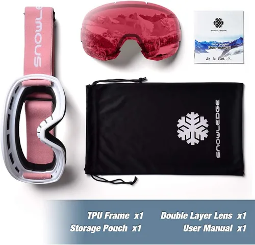 Miniatura 6 de Gafas de esquí para hombres y mujeres con protección UV, lente doble antivaho 09 W-rojo rosa
