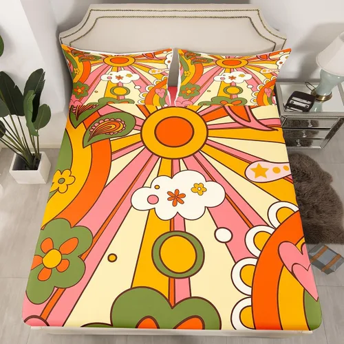 Miniatura 23 de Juego de ropa de cama con diseño floral bohemio, tamaño individual, diseño retro de flores groovy, 60S y 70S, diseño de flores hippie para niños