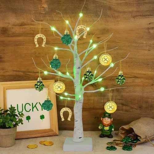 Yquqwn Decoraciones del día de San Patricio, árbol de abedul iluminado con adornos de trébol, monedas de oro, 24 LED para el hogar, mesa, tienda,