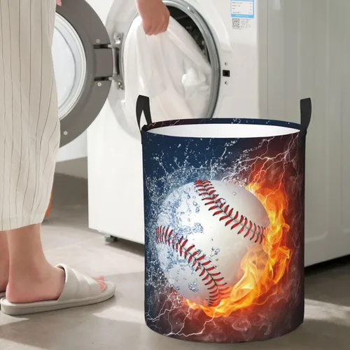 Miniatura 6 de Balón de béisbol deportivo en fuego y agua, cesta redonda para lavandería, cesta de almacenamiento, juguetes, organizador de ropa, contenedor