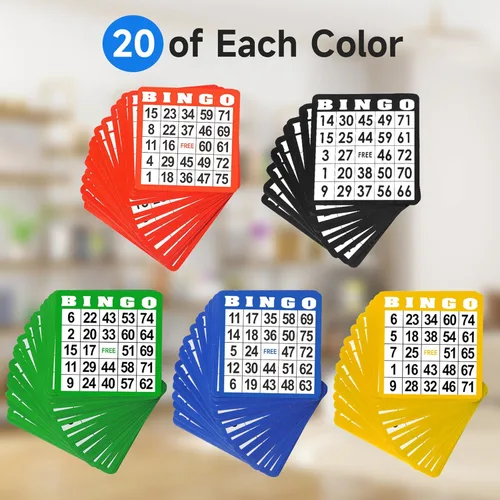 Miniatura 2 de GSE Games & Sports Expert Paquete de 100 tarjetas de juego de bingo multicolor con números de fácil lectura, hojas de bingo de papel reutilizables