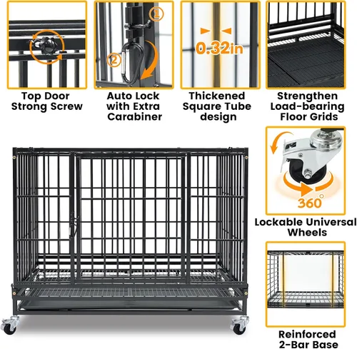 Miniatura 4 de Jaula apilable para perros de 36 pulgadas con ruedas con bloqueo, acceso superior, resistente e indestructible a prueba de escapes, jaula