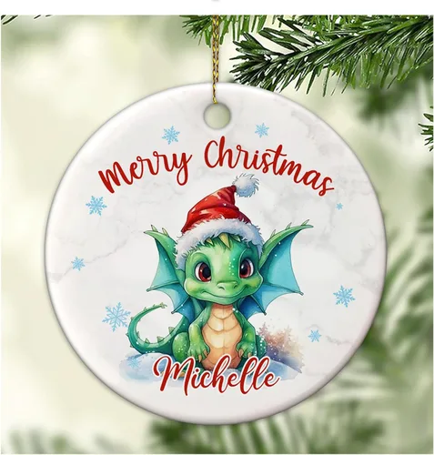 Hyturtle Adorno de Navidad personalizado para amantes del dragón, adorno de cerámica con nombre personalizado de dragón de Navidad, regalos lindos