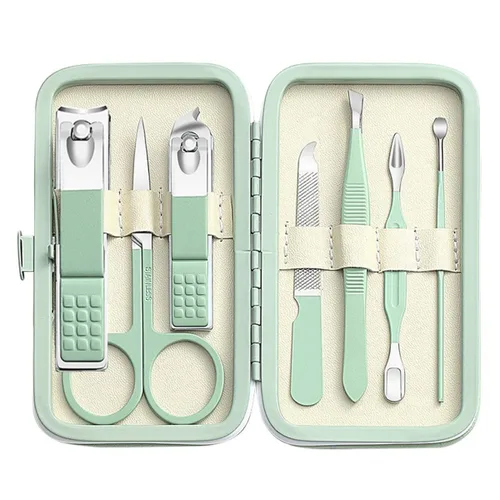 Juego de manicura para hombres y mujeres, juego de cortaúñas de acero inoxidable 8 en 1, herramientas de cuidado personal con estuche de viaje Verde