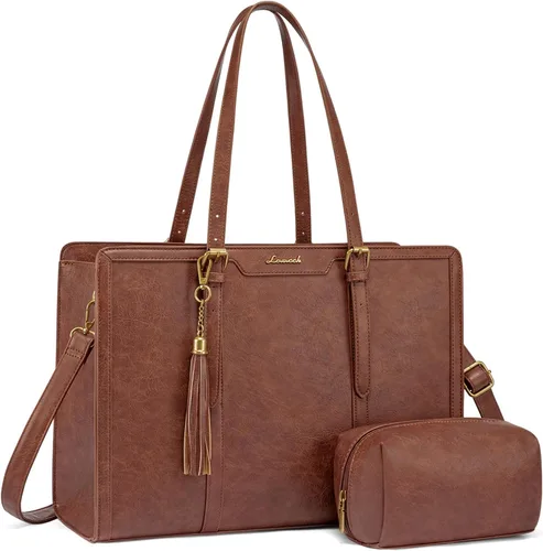 LOVEVOOK Bolsa de mano para laptop para mujer, bolsa de trabajo vintage de 15.6 pulgadas con embrague, bolso grande de cuero para laptop con soporte