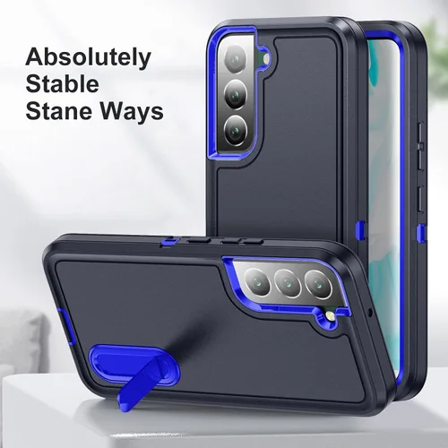Miniatura 3 de Funda para Samsung Galaxy S22 Plus con función atril, 3 capas de grado militar, funda protectora de silicona resistente a prueba de golpes para azul