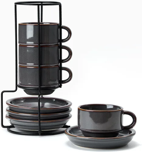 Miniatura 9 de JIEMEI HOME - Tazas apilables de porcelana para espresso con platillos y soporte de metal, tazas Demitasse de 4 onzas para bebidas de café
