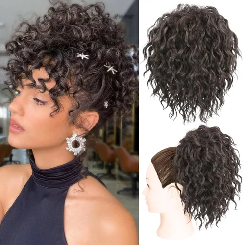 Miniatura 9 de Extension de cabello con moño desordenado, textura Yaki, con cabello suelto, ondulado y rizado, corto, con cordón de ajuste, extensiones de cola